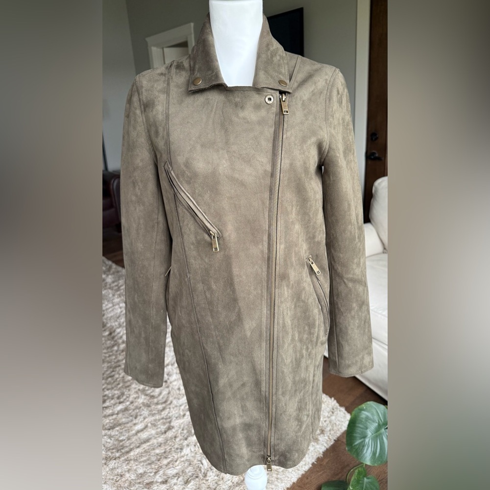 Anthropologie XS Brown Faux Suede Motorcycle Style Jacket, Thigh Length, NWT - Picture 2 of 9